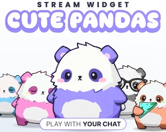 Puede incluir: Gráfico con pandas de dibujos animados en tonos morados, rosas y naranjas. El texto dice "STREAM WIDGET" y "CUTE PANDAS" en la parte superior, con "PLAY WITH YOUR CHAT" en la parte inferior. Los pandas tienen diferentes expresiones.