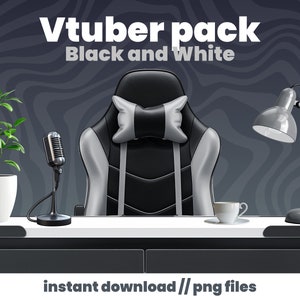 May include: Black and white gaming chair with a gray and black pillow, a microphone, a desk lamp, and a cup of coffee on a white desk. The text "Vtuber pack Black and White" is at the top of the image. The text "instant download // png files" is at the bottom of the image.