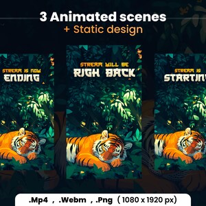 Puede incluir: Tres escenas animadas con un tigre durmiendo en un entorno de jungla. El texto en las escenas dice "Stream is now ending", "Stream will be right back" y "Stream is starting".