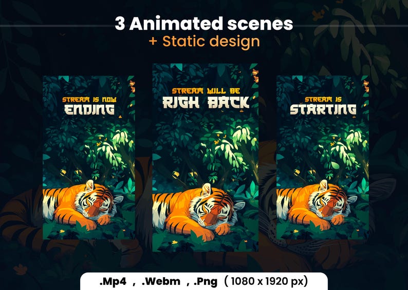 Puede incluir: Tres escenas animadas con un tigre durmiendo en un entorno de jungla. El texto en las escenas dice "Stream is now ending", "Stream will be right back" y "Stream is starting".