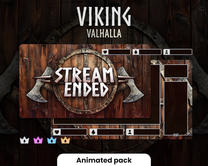 K&ouml;nnte beinhalten: Ein brauner Holzhintergrund mit einem Schild und zwei &Auml;xten. Das Schild tr&auml;gt den Text "STREAM ENDED". Der Text "VIKING VALHALLA" befindet sich oben im Bild. Es gibt mehrere schwarze rechteckige K&auml;stchen mit wei&szlig;en R&auml;ndern. Der Text "Animated pack" befindet sich unten im Bild.