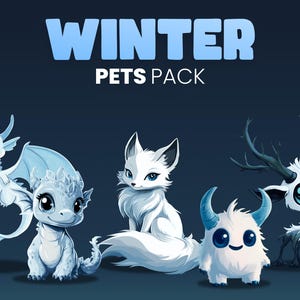 May include: A set of five winter-themed pet characters. The characters are a white fox, a blue dragon, a white furry creature with antlers, a white furry creature with horns, and a blue dragon with ice crystals on its back. The characters are all in a cartoon style and have large eyes. The text "WINTER PETS PACK" is at the top of the image.