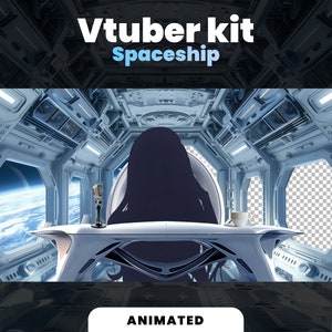 以下が含まれることがあります： 宇宙船の内部を背景にしたVtuberキット。キットには椅子、マイク、カップが含まれています。背景は、地球の窓が見える未来的な宇宙船の内部です。