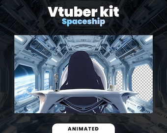 May include: A Vtuber kit with a spaceship interior background. The kit includes a chair, a microphone, and a cup. The background is a futuristic spaceship interior with a window view of Earth.