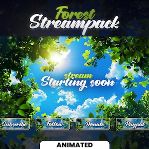 Może przedstawiać: Animowany nakładkowy pakiet strumieniowy lasu dla Twitch lub YouTube. Nakładka zawiera niebieskie niebo z białymi chmurami i zielonymi liśćmi. Tekst "stream starting soon" jest napisany białym kursywą. Na dole nakładki znajdują się cztery przyciski: Subskrybuj, Obserwuj, Wspieraj i Paypal.