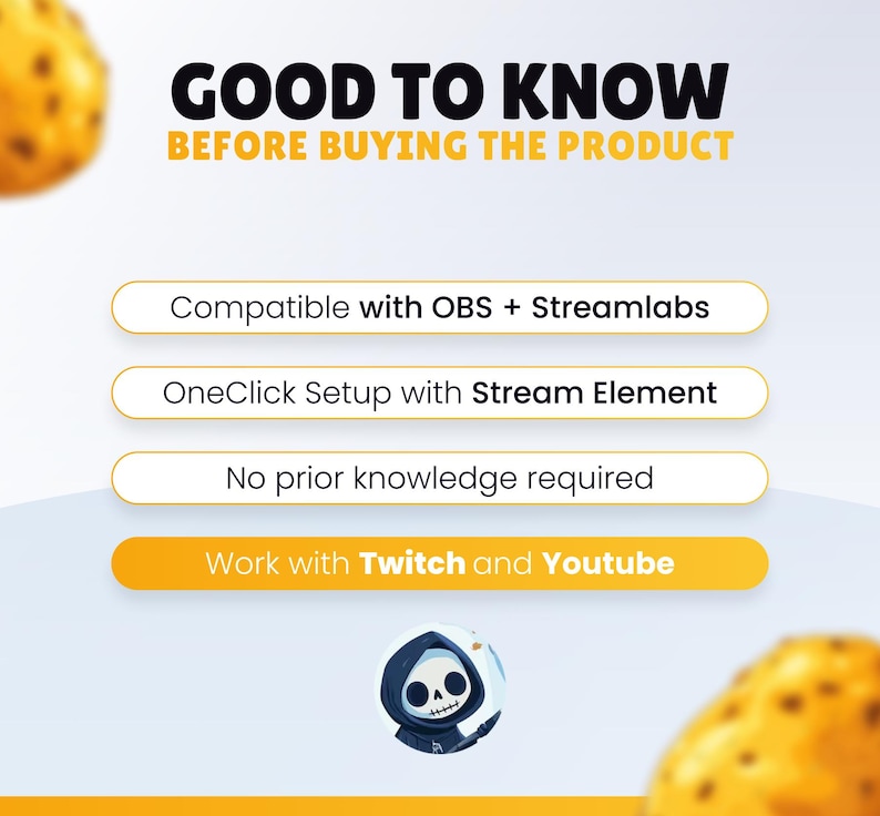 K&ouml;nnte beinhalten: Grafik mit dem Text "GOOD TO KNOW BEFORE BUYING THE PRODUCT". Sie listet Funktionen auf: Kompatibel mit OBS + Streamlabs, OneClick Setup mit Stream Element und Keine Vorkenntnisse erforderlich. Funktioniert mit Twitch und Youtube.
