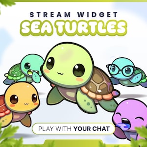 May include: A digital illustration featuring five cartoon sea turtles in various colors. The text "STREAM WIDGET SEA TURTLES" is at the top, and "PLAY WITH YOUR CHAT" is at the bottom. The turtles have large eyes and are smiling.