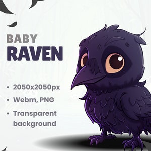 May include: A cartoon illustration of a baby raven with large, round eyes. The raven is black with a purple hue and has a small, pointed beak. The background is white with a subtle texture.
