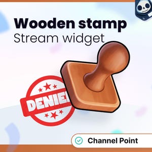 Puede incluir: Una ilustración digital de un sello de madera con base cuadrada y mango redondeado. El sello está colocado junto a un sello circular rojo que contiene el texto DENIED y cuatro estrellas. La imagen incluye el texto Wooden stamp Stream widget.