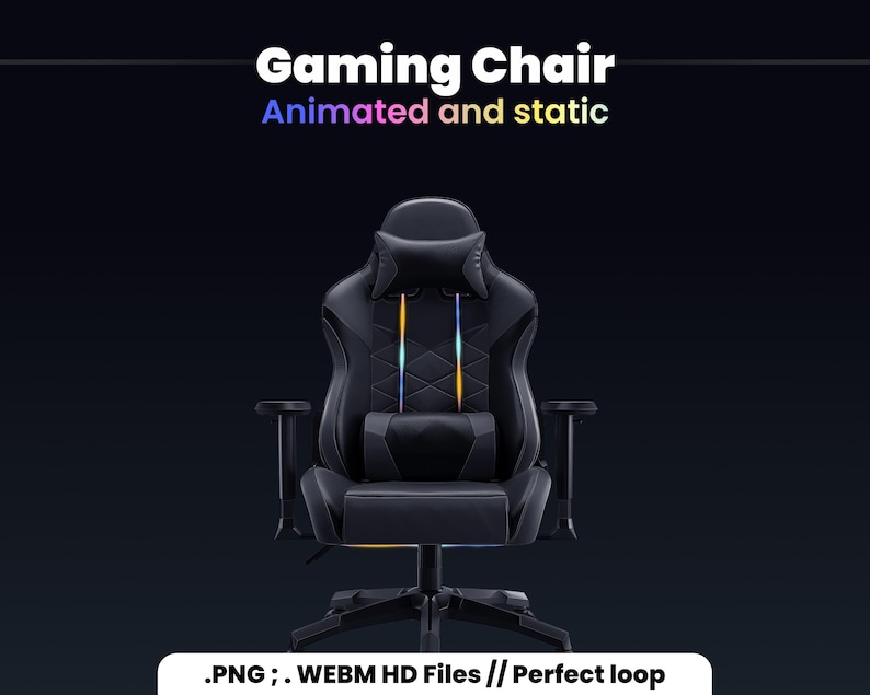May include: Black gaming chair with a diamond-patterned backrest and colorful lights. The chair has adjustable armrests and a swivel base.