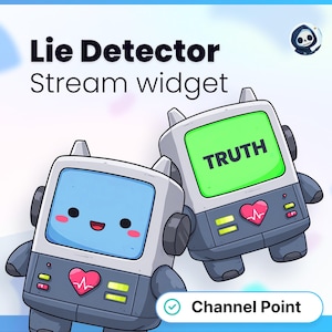 Könnte beinhalten: Zwei Cartoon-Lie-Detector-Stream-Widgets. Eines hat einen blauen Bildschirm mit einem lächelnden Gesicht, das andere einen grünen Bildschirm mit dem Wort "TRUTH". Beide haben eine Herzmonitor-Grafik und den Text "Channel Point".