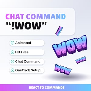 Może przedstawiać: Grafika z tekstem "CHAT COMMAND" i "!WOW" w gradientcie fioletu i niebieskiego. Obraz zawiera również słowa "Animated", "HD Files", "Chat Command" i "OneClick Setup". Kilka grafik "WOW" jest rozproszonych.