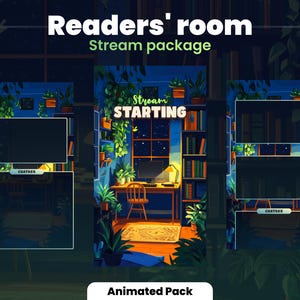 May include: Animated stream package for Twitch or YouTube with a dark blue background, a bookshelf, a desk with a chair, and a window with a starry night sky. The text "Stream Starting" is displayed in a white box. The package includes animated overlays for chat boxes and a webcam.