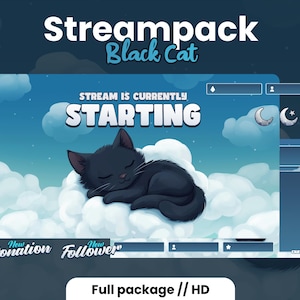STREAMPACK「Black Cat」 - 1920 x 1080 ピクセル - オーバーレイ、シーン、バッジ、アラートなど! すぐにダウンロードできます