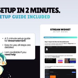 Puede incluir: Una gu&iacute;a para configurar un widget de transmisi&oacute;n en 2 minutos. La gu&iacute;a de configuraci&oacute;n incluye instrucciones sobre c&oacute;mo importar archivos en StreamElements, iniciar sesi&oacute;n en una cuenta de Twitch y agregar el widget a las superposiciones. Un p&aacute;jaro de dibujos animados est&aacute; en la esquina.