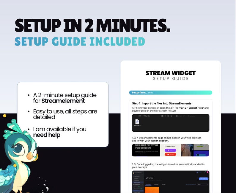 Puede incluir: Una gu&iacute;a para configurar un widget de transmisi&oacute;n en 2 minutos. La gu&iacute;a de configuraci&oacute;n incluye instrucciones sobre c&oacute;mo importar archivos en StreamElements, iniciar sesi&oacute;n en una cuenta de Twitch y agregar el widget a las superposiciones. Un p&aacute;jaro de dibujos animados est&aacute; en la esquina.