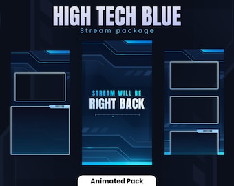 May include: Animated stream package with a blue and black high tech design. The package includes three different layouts with a chatbox, a large video frame, and a smaller video frame. The text "STREAM WILL BE RIGHT BACK" is displayed in the center of the screen.