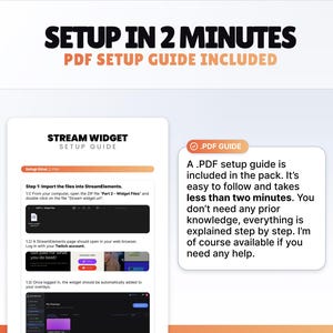 Pode incluir: Imagem com o texto "SETUP IN 2 MINUTES" e "PDF SETUP GUIDE INCLUDED". Apresenta um "STREAM WIDGET SETUP GUIDE" com instru&ccedil;&otilde;es e um guia PDF. O tempo de configura&ccedil;&atilde;o &eacute; estimado em 2 minutos.