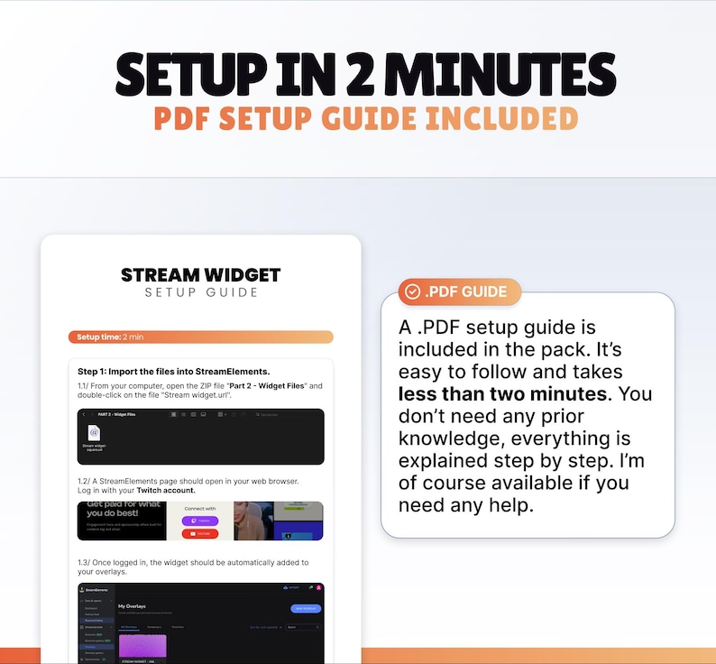 Pode incluir: Imagem com o texto "SETUP IN 2 MINUTES" e "PDF SETUP GUIDE INCLUDED". Apresenta um "STREAM WIDGET SETUP GUIDE" com instru&ccedil;&otilde;es e um guia PDF. O tempo de configura&ccedil;&atilde;o &eacute; estimado em 2 minutos.
