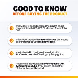 Pu&ograve; includere: Grafica bianca con il testo "GOOD TO KNOW BEFORE BUYING THE PRODUCT" in nero e arancione. Quattro punti elenco sottostanti descrivono la compatibilit&agrave; di un widget con OBS, Streamlabs, Twitch e YouTube.