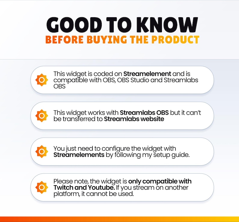 Pu&ograve; includere: Grafica bianca con il testo "GOOD TO KNOW BEFORE BUYING THE PRODUCT" in nero e arancione. Quattro punti elenco sottostanti descrivono la compatibilit&agrave; di un widget con OBS, Streamlabs, Twitch e YouTube.
