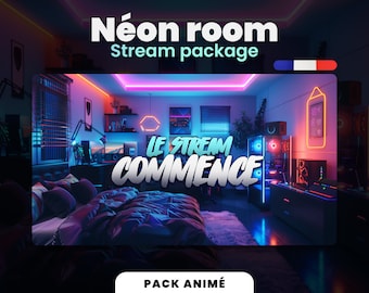 Chambre Néon // Pack de Stream français // Bleu et violet// Gaming room avec des néons // Animé // Package Twitch // Kit Overlays