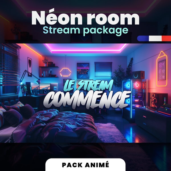 Chambre Néon // Pack de Stream français // Bleu et violet// Gaming room avec des néons // Animé // Twitch package // Overlays kit