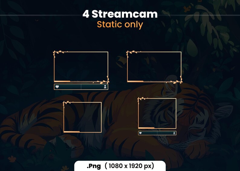 Puede incluir: Cuatro marcos de streamcam est&aacute;ticos con un borde dorado y un dise&ntilde;o floral. Los marcos est&aacute;n colocados sobre un fondo oscuro con un tigre durmiendo en el centro.