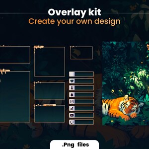 Puede incluir: Kit de superposici&oacute;n para crear dise&ntilde;os personalizados con un tema de jungla. El kit incluye marcos de varias formas y tama&ntilde;os con detalles dorados, una ilustraci&oacute;n de tigre y iconos de redes sociales.