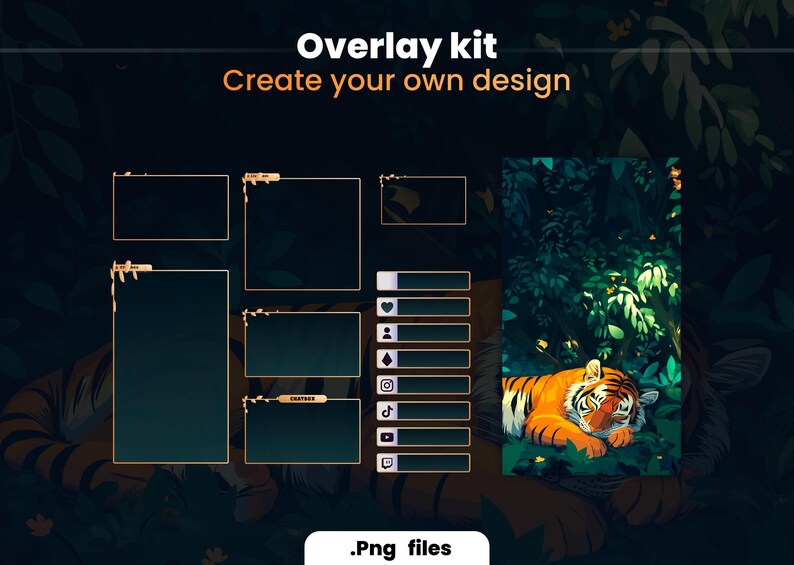 Puede incluir: Kit de superposici&oacute;n para crear dise&ntilde;os personalizados con un tema de jungla. El kit incluye marcos de varias formas y tama&ntilde;os con detalles dorados, una ilustraci&oacute;n de tigre y iconos de redes sociales.