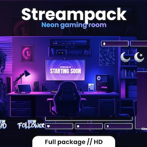 Pacote de sobreposições de sala de jogos de neon de baixa fidelidade | Pacote de transmissão do Twitch | Pacote de transmissão animado | Azul e roxo | Meia-noite | Sobreposições, cenas, alertas