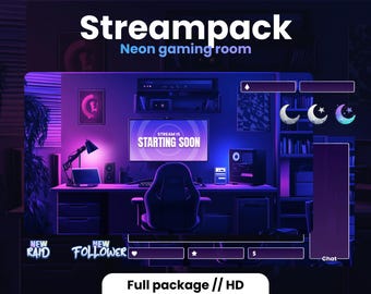 Low-Fi Neon Gaming Room Overlays Pack | Twitch Stream package | Animated streampack | Blue and Purple | Midnight | Overlays, Scenes, Alerts