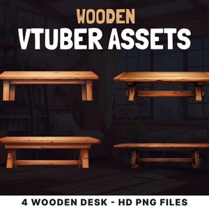 Könnte beinhalten: Vier hölzerne Schreibtisch-Assets für virtuelle YouTuber. Die Schreibtische sind braun und haben ein schlichtes Design. Das Bild ist mit "WOODEN VTUBER ASSETS" und "4 WOODEN DESK - HD PNG FILES" beschriftet.