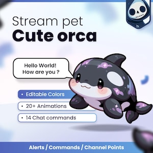 Puede incluir: Un gráfico digital de una orca blanca y negra con detalles morados y mejillas rosadas. El texto dice: Stream pet Cute orca, Hello World! How are you?, Editable Colors, 20+ Animations, 14 Chat commands, Alerts / Commands / Channel Points.