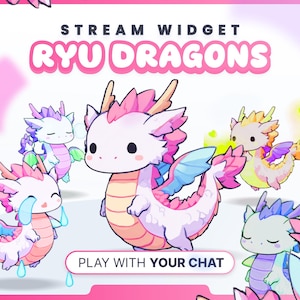 Può includere: Grafica digitale con diversi draghi dei cartoni animati in vari colori, tra cui rosa, blu e giallo. Il testo "STREAM WIDGET RYU DRAGONS" è in alto, con "PLAY WITH YOUR CHAT" in basso. I draghi hanno grandi occhi e sono in stile carino.