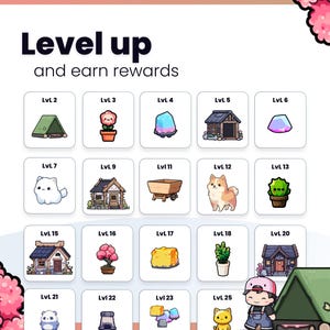 K&ouml;nnte beinhalten: Eine Illustration mit dem Text "Level up and earn rewards". Das Bild zeigt eine Reihe quadratischer Symbole, die jeweils ein anderes Cartoon-Objekt darstellen, wie ein Zelt, eine Blume, ein Haus und einen Hund. Die Symbole sind mit Levels beschriftet.