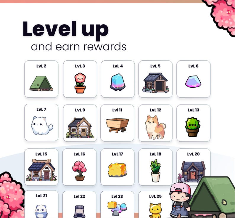 K&ouml;nnte beinhalten: Eine Illustration mit dem Text "Level up and earn rewards". Das Bild zeigt eine Reihe quadratischer Symbole, die jeweils ein anderes Cartoon-Objekt darstellen, wie ein Zelt, eine Blume, ein Haus und einen Hund. Die Symbole sind mit Levels beschriftet.