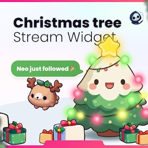 Peut inclure: Graphique numérique coloré avec un sapin de Noël de dessin animé, une étoile et un renne. Le texte indique "Christmas tree Stream Widget" et une bulle de dialogue "Neo just followed". Des cadeaux sont en bas.