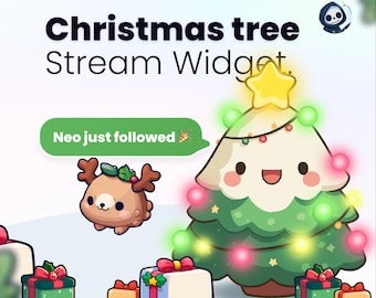 May include: A colorful digital graphic featuring a cartoon Christmas tree with a star topper, surrounded by presents and a reindeer character. Text reads "Christmas tree Stream Widget" and "Neo just followed".