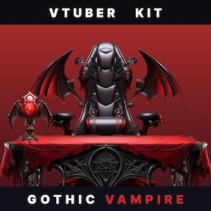 Op de afbeelding: Een zwarte gamingstoel in gotische stijl met rode accenten en vleermuisvleugels. De stoel staat voor een zwarte gotische tafel met een rood tafelkleed. De tafel heeft een rode lamp met een vleermuisvleugelontwerp. De tekst "VTUBER KIT GOTHIC VAMPIRE" staat bovenaan en onderaan de afbeelding.