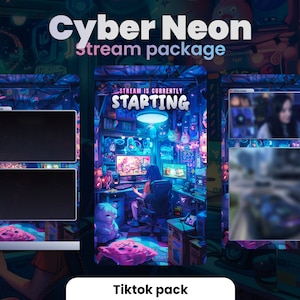 Puede incluir: Una ilustración digital de una habitación iluminada con neón con una pantalla de computadora que muestra el texto "STREAM IS CURRENTLY STARTING". La imagen es parte de un "Cyber Neon Stream Package" para TikTok.