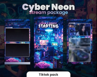 May include: A digital art illustration of a neon-lit room with a computer screen displaying the text "STREAM IS CURRENTLY STARTING". The image is part of a "Cyber Neon Stream Package" for TikTok.