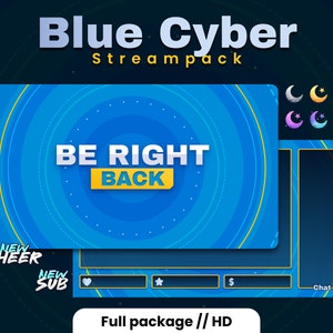 May include: Blue and yellow Twitch stream pack with a blue background and a circle pattern. The text "BE RIGHT BACK" is in the center of the image. The text "NEW CHEER" and "NEW SUB" are in the bottom left corner. The text "Full package // HD" is in the bottom center. The text "Chat" is in the bottom right corner.