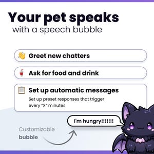 May include: A digital graphic titled Your pet speaks with a speech bubble, featuring a list of options: Greet new chatters, Ask for food and drink, and Set up automatic messages. A cartoon bat with a speech bubble saying I'm hungry!!!!!!! is shown.