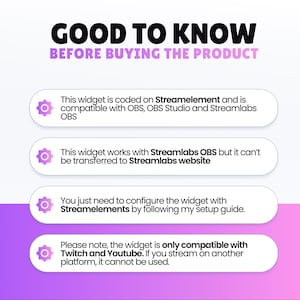 May include: A graphic with the text "GOOD TO KNOW BEFORE BUYING THE PRODUCT" in black and purple. Below are four white rounded rectangles with text about a widget's compatibility with OBS, Twitch, and YouTube.