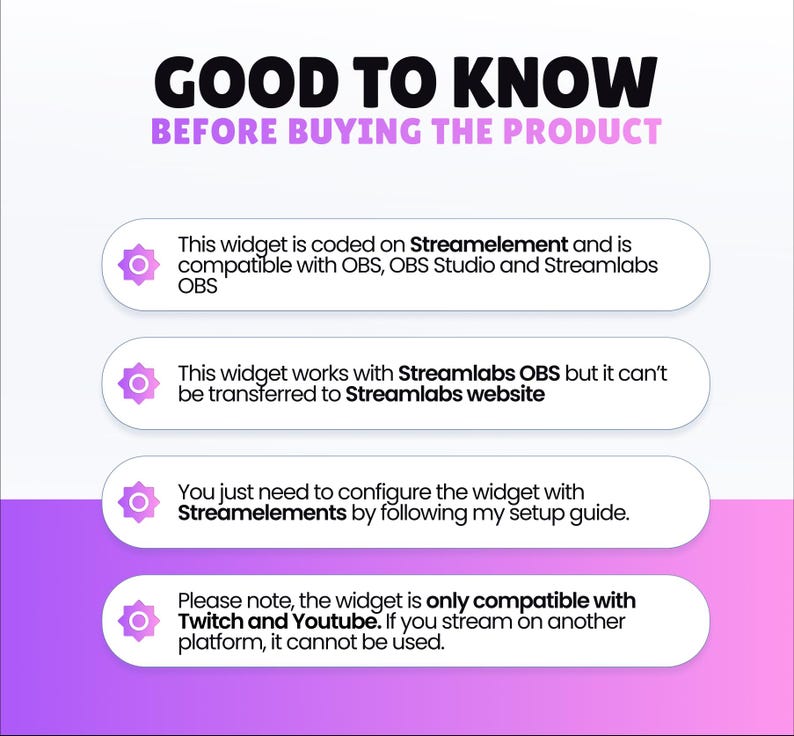 May include: A graphic with the text "GOOD TO KNOW BEFORE BUYING THE PRODUCT" in black and purple. Below are four white rounded rectangles with text about a widget's compatibility with OBS, Twitch, and YouTube.