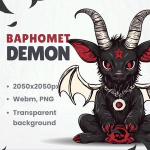 May include: A cartoon illustration of a black demon with red horns, red eyes, and a red star on its forehead. The demon has bat wings and is sitting on a skull. The text "Baphomet Demon" is written above the demon.