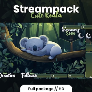 Puede incluir: Una escena de bosque verde y marrón con un koala durmiendo en una rama. El texto "Streampack Cute Koala" está en la parte superior de la imagen. El texto "Streaming Soon" está en un cuadro amarillo con una luna creciente y estrellas. El texto "New Donation" y "New Follower" están en cuadros verdes en la parte inferior de la imagen.