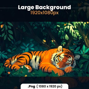 Puede incluir: Un tigre duerme pl&aacute;cidamente en un exuberante entorno de jungla verde. Las rayas naranjas y negras del tigre son visibles, y su cabeza descansa sobre sus patas. El fondo es de color verde oscuro con hojas y ramas.