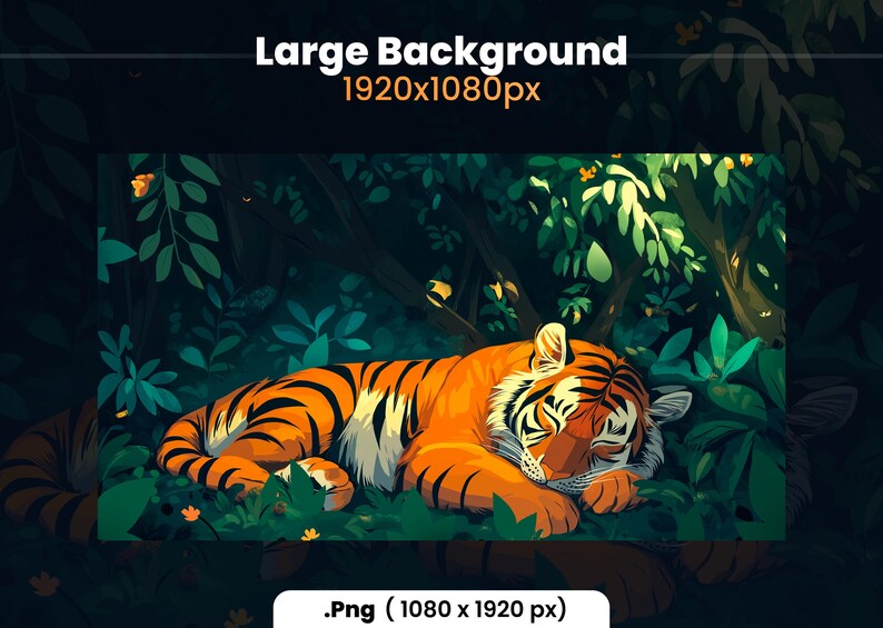 Puede incluir: Un tigre duerme pl&aacute;cidamente en un exuberante entorno de jungla verde. Las rayas naranjas y negras del tigre son visibles, y su cabeza descansa sobre sus patas. El fondo es de color verde oscuro con hojas y ramas.